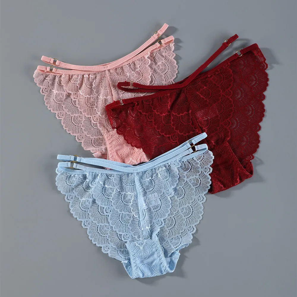 

3Pcs Lace Panties Ice Silk Seamless Panty Women Low Rise Sexy Transparent Floral Briefs Soft Cotton Crotch Underpants Underwear
