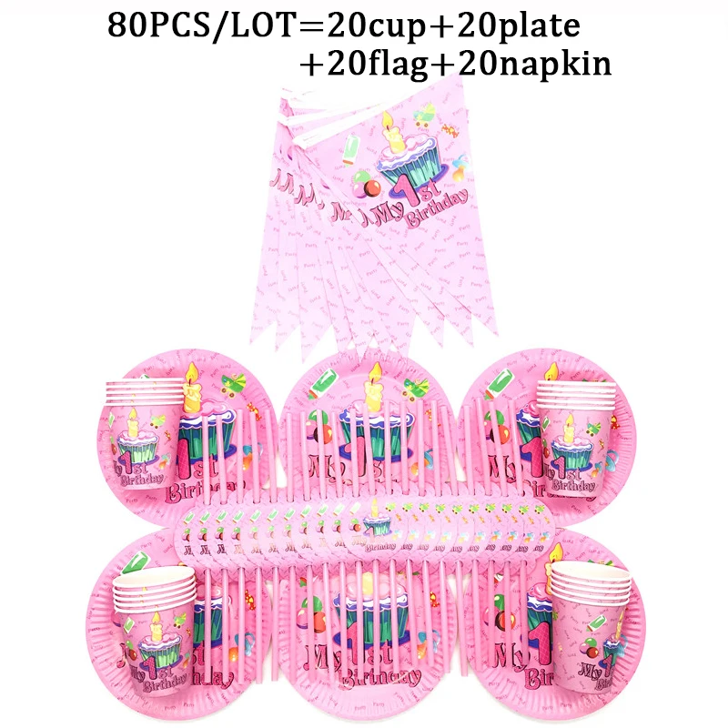 

Girls Party Pink First Year Theme Disposable Cup Plate Straws Tableware Baby Shower Birthday Supplies Party Decorations Banner