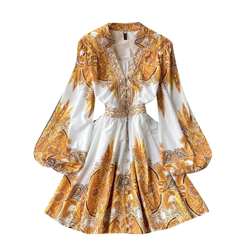 

Spring 2021 Plus Size Retro Print Vestidos Female V-Neck Puff Sleeve Waist Slim Single-Breasted Mini Dress Gk043