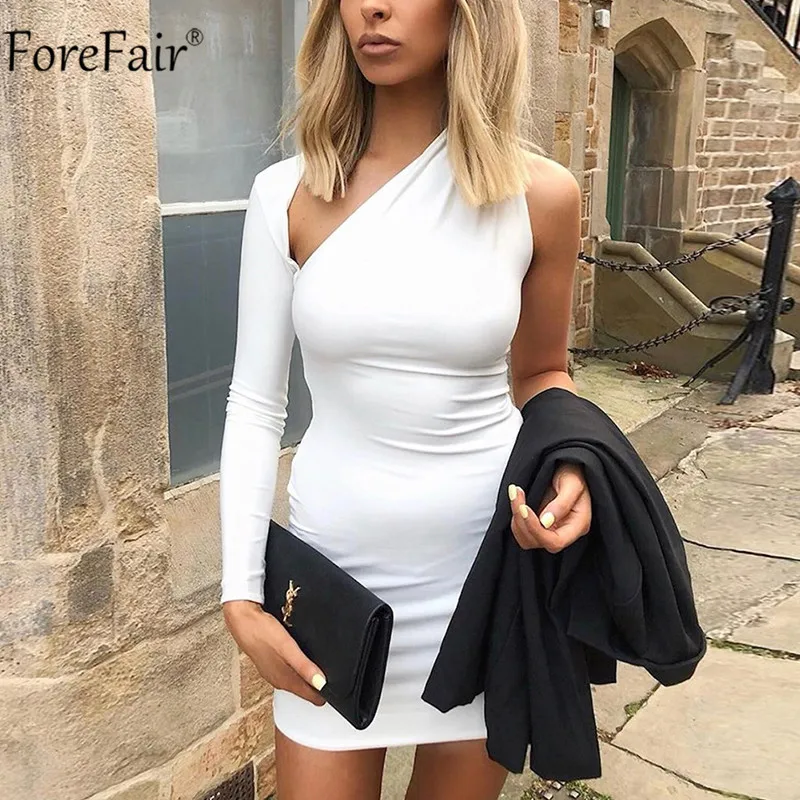 Forefair, красное сексуальное облегающее платье на одно плечо, вечерние платья с длинным рукавом для ночного клуба, женские мини платья белого, красного и черного цвета