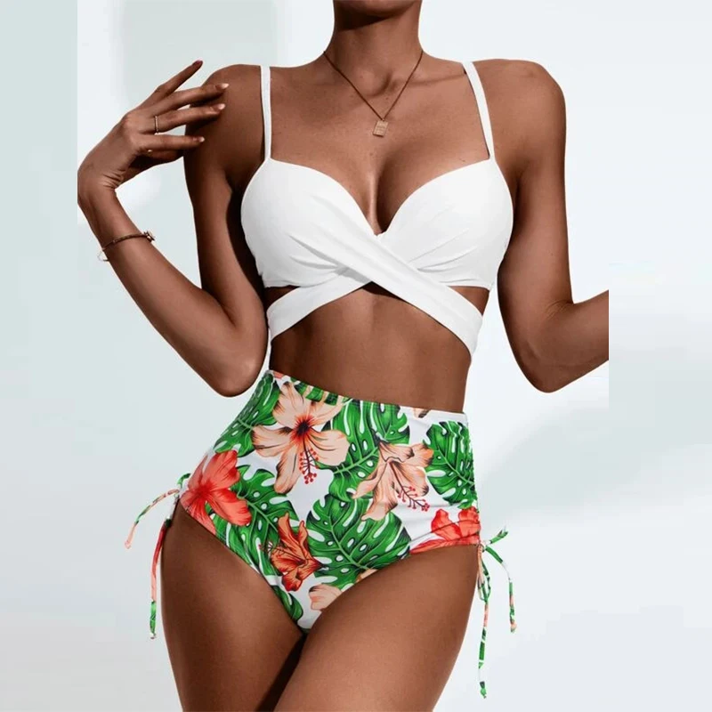 

Sale Fashion Sexy Three Piece Floral Bikini Swimsuit Summer High-waist Bikini Set Swimwear Women Brazilian Push-Up Bathing Suit