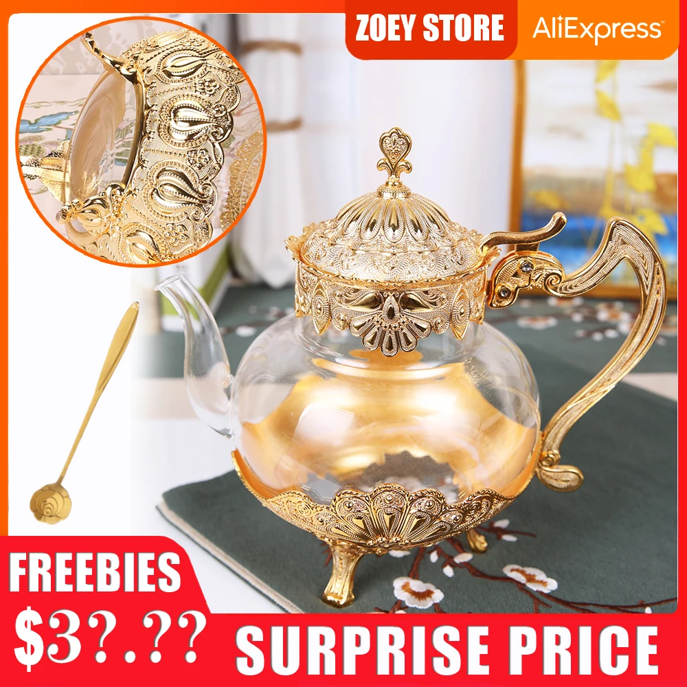 

Palace Golden Glass Teapot Kitchen Metal Cold Kettle Coffee Pot European Style Home Decoration Glassware Birthday Wedding Gifts