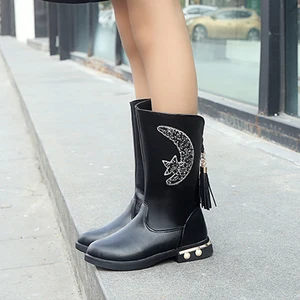 Детские сапоги со стразами; Сапоги принцессы из искусственной кожи до середины икры; Элегантная зимняя и весенняя обувь на плоской резиновой подошве с бахромой; Размеры 26-37