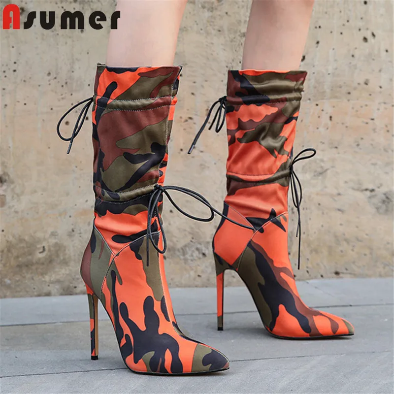 

ASUMER 2021 European Style mid calf boots women pointed toe Camouflage sexy thin high heel casual party shoes ladies boots