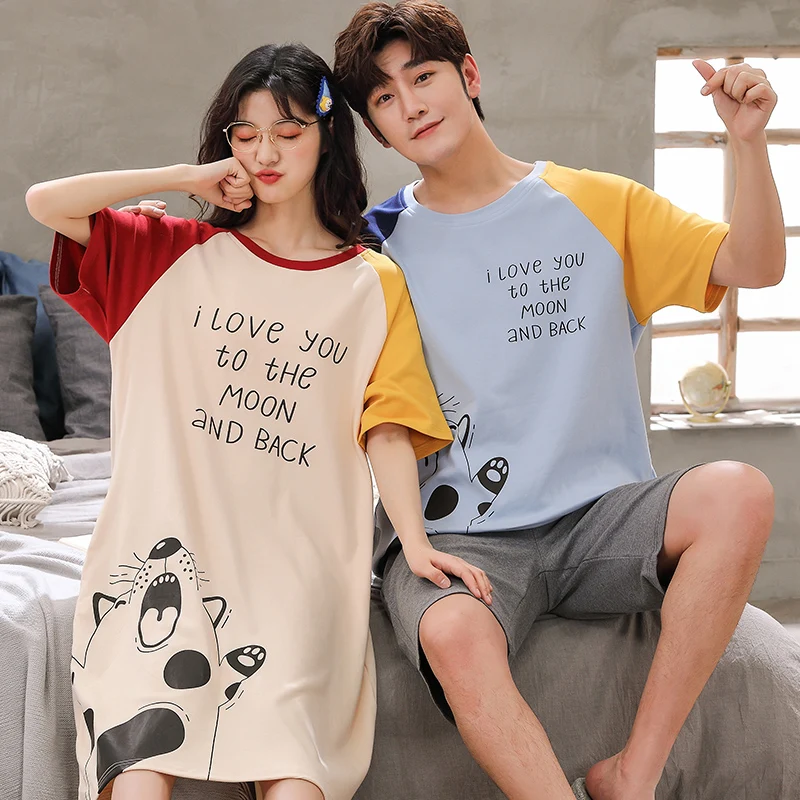 

Men Women's Summer Cartoon Nightgowns Suit New Summer Cotton Couple Pajamas Set Short Sleeve Loose Plus Size Lovers Nightwear