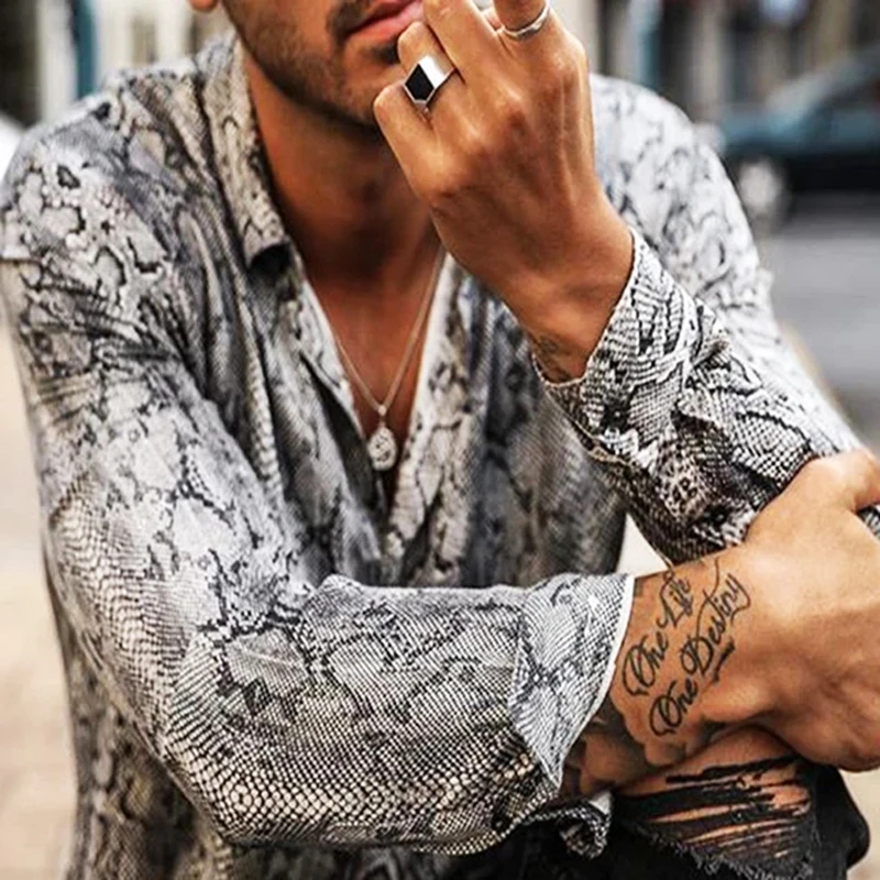 Рубашка мужская из 2021 полиэстера со змеиным принтом мужские рубашки с длинным