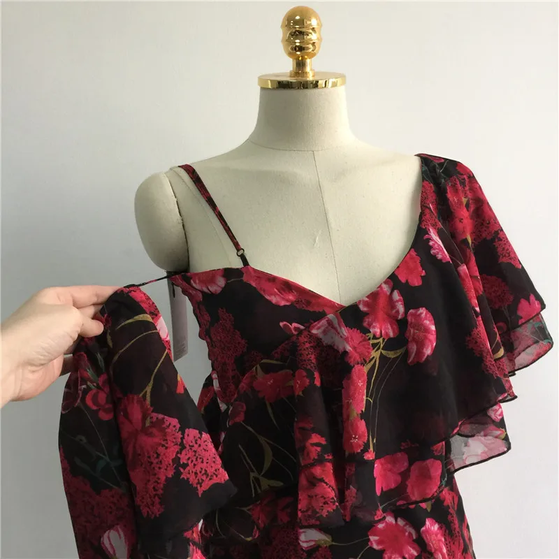 

Summer Women Tunic Flower Printed Chiffon Long Dress Sexy V Neck One Shoulder Strap Backless Dress Holiday Beach Dress Vestidos