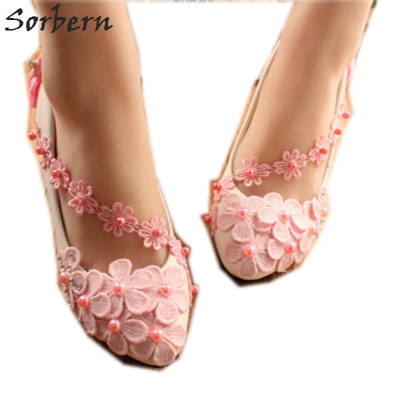 Розовые свадебные туфли с цветочным кружевом Sorbern боковыми кружевными ремешками