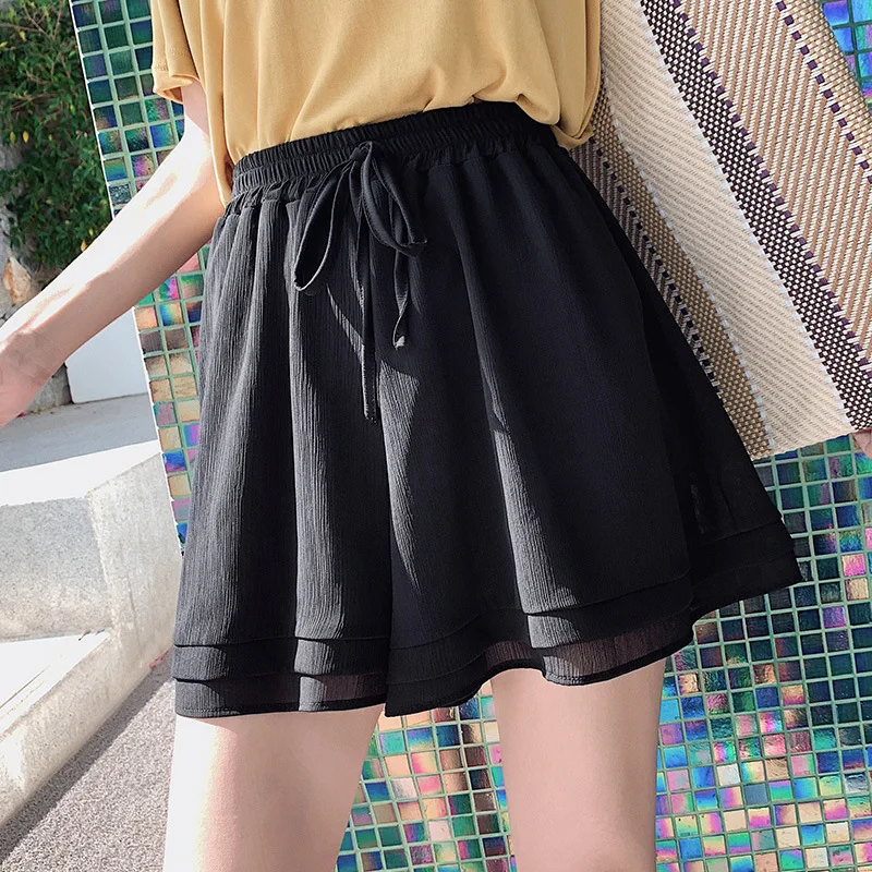 

Women Summer Koren Style Chiffon Shorts Female Loose Cotton Solid Flare Shorts Elastic Waist Casual Bow Short Pants Pink Black