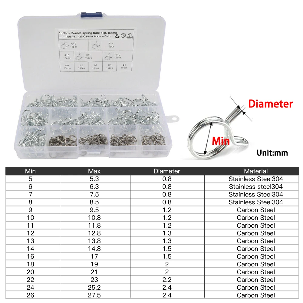

150pcs Stainless Steel Car Double Wire Fuel Line Hose Tube Spring Clamps Assortment Hoses Clamps Auto Replacement Part Hose Tube