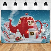 laeacco cartoon teapot house christmas tree snowflake gift baby birthday photography backdrop photo background for photo studio