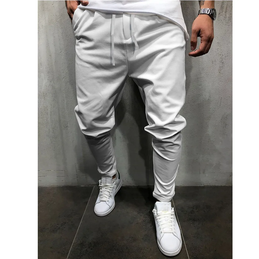 

Summer Men Trousers Solid Fashion Casual Men's Tie With Solid Color Eight-color Elastic Waist Loose Long Fitness Sweatpants #40
