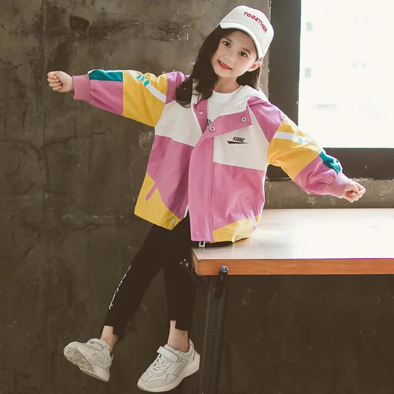 Куртки для девочек комбинированные пальто модная детская ветровка с капюшоном