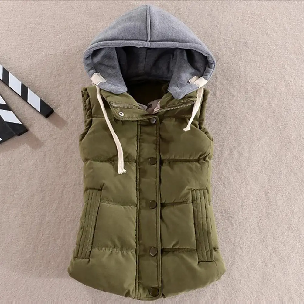 

Down Vest Women Autumn Winter Warm Down Vest Zip Button Pocket Removable Hooded Waistcoat