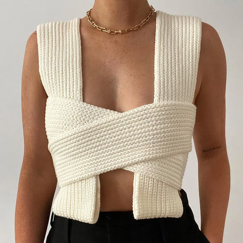 

2021 Sleeveless Knitted Crop Tops Sweaters Women Sexy Autumn Summer Bandage Sweater Green White Waist Highlight Chest Vest