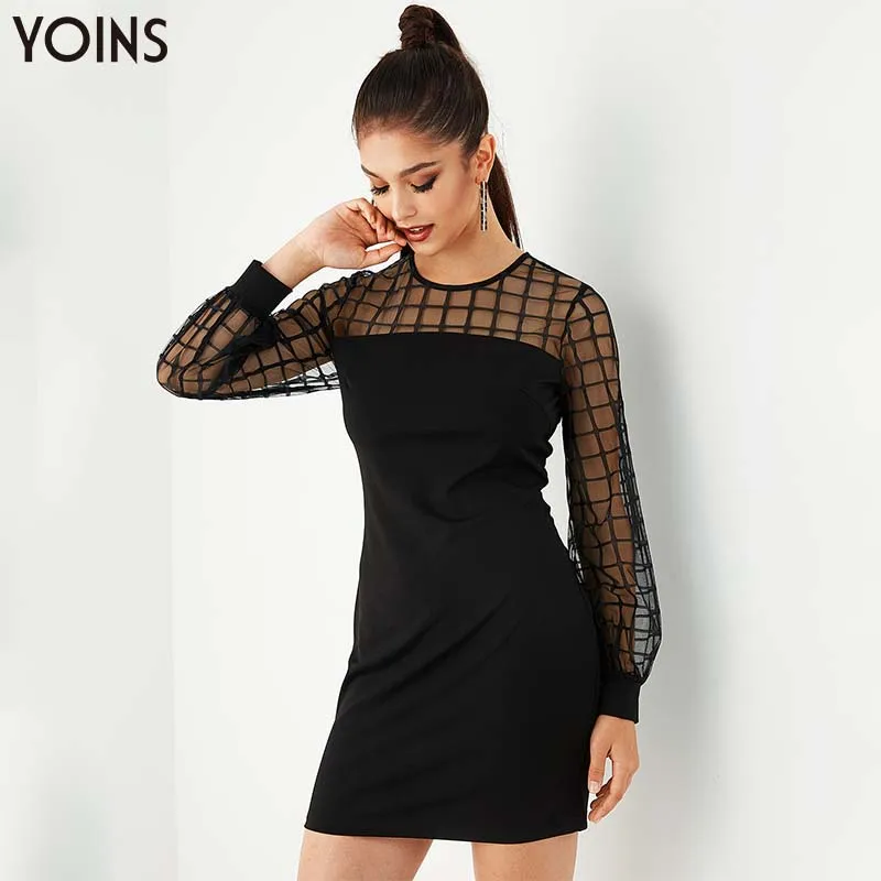 YOINS 2020 осенне-зимнее женское платье стильное полупрозрачное черное Сетчатое с