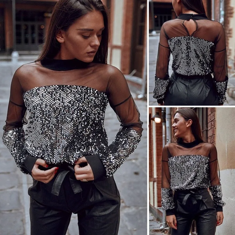

Sheer Mesh Sequin Patchwork T-Shirts Women Elegant Slim See-through Long Sleeve Tops 2021 New Fashion O Neck Sexy Streetwears