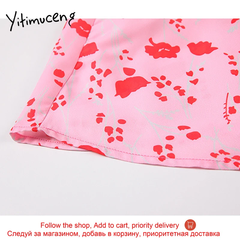 

Yitimuceng Floral Pint Dresses Women Summer Puff Sleeve High Waist V-Neck A-Line Slim Solid 2021 Korean Fashion New Mini Dress