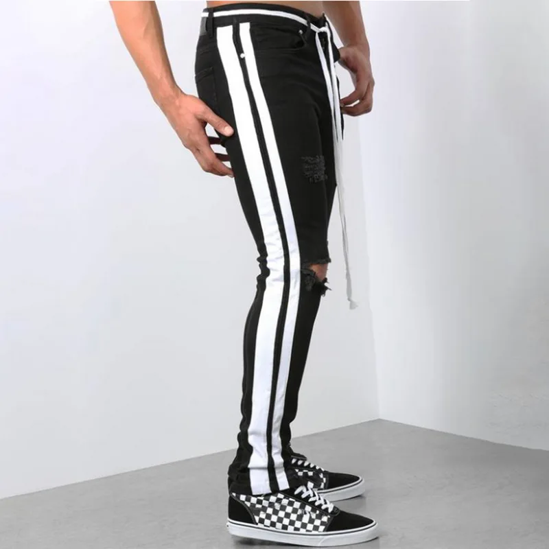 Мужские облегающие джинсы с дырками до колена в стиле хип хоп модные рваные