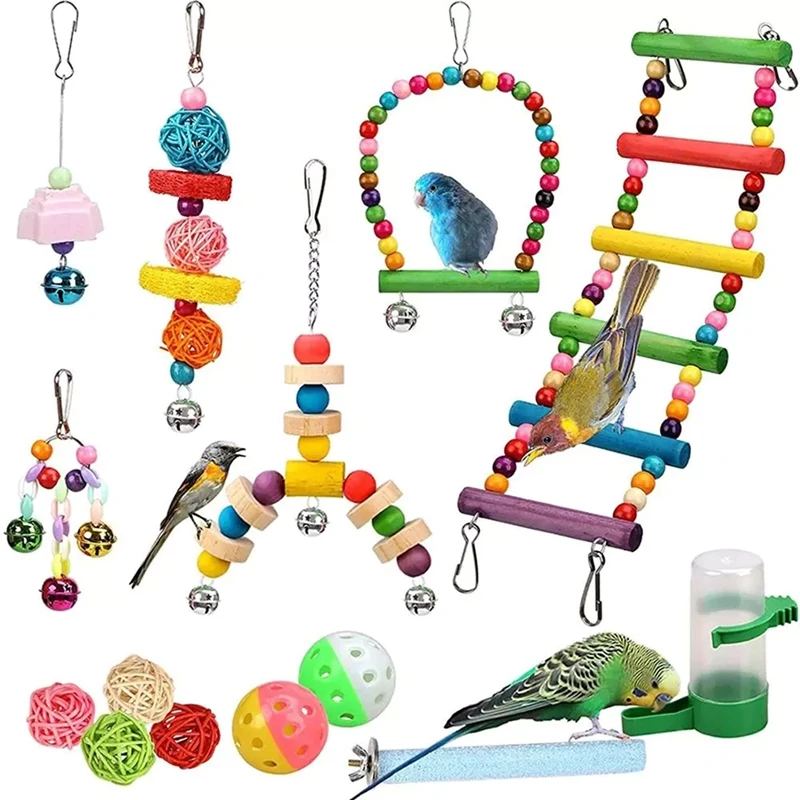 

Набор игрушек для птиц, подвесной гамак-качели для маленького попугая, кольчик для клетки, игрушки для окуня с лестницей