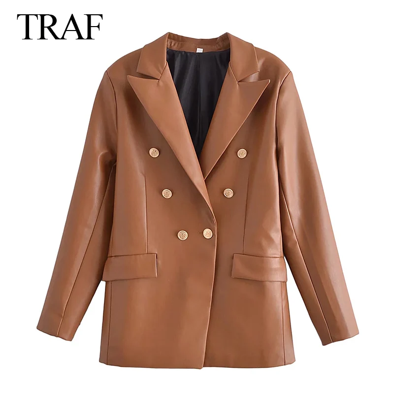 

TRAF ZA 2021 Women Autumn Coat Double Breasted PU Faux Leather Jacket Vintage Pocket Long Sleeve Top Loose Chic Outerwear Mujer
