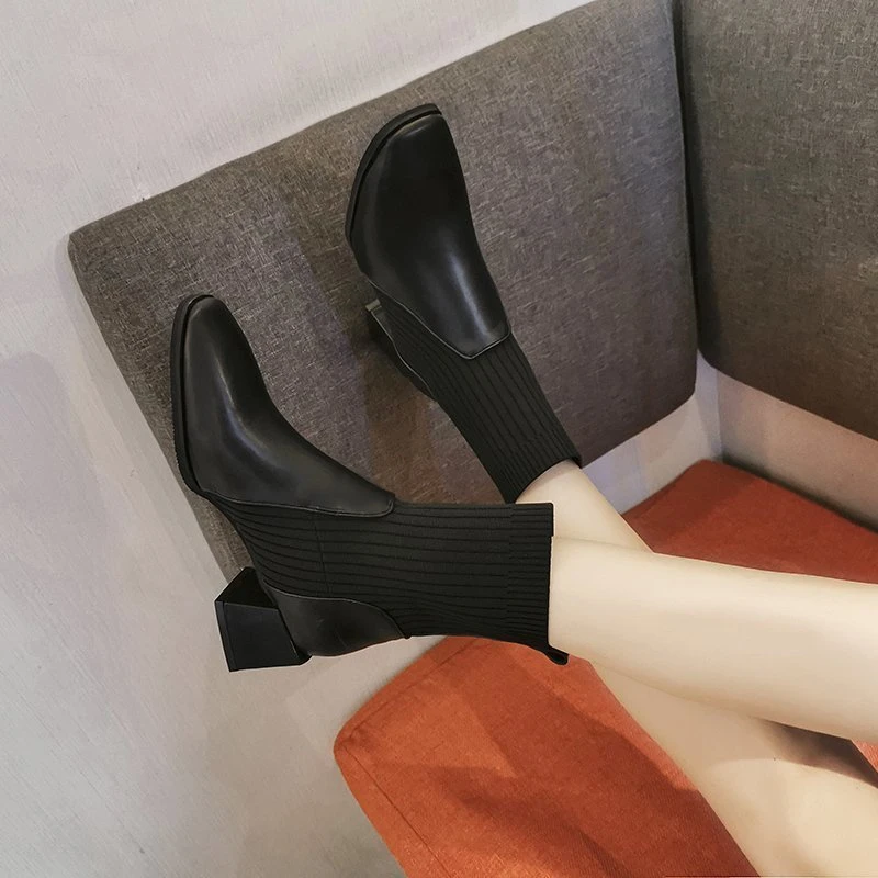 

Square Toe Ankle Boots Autumn Knitted Elastic Woman Short Boots Fashion Slip-On Women Boots Women's Soft Leather Botas Mujer