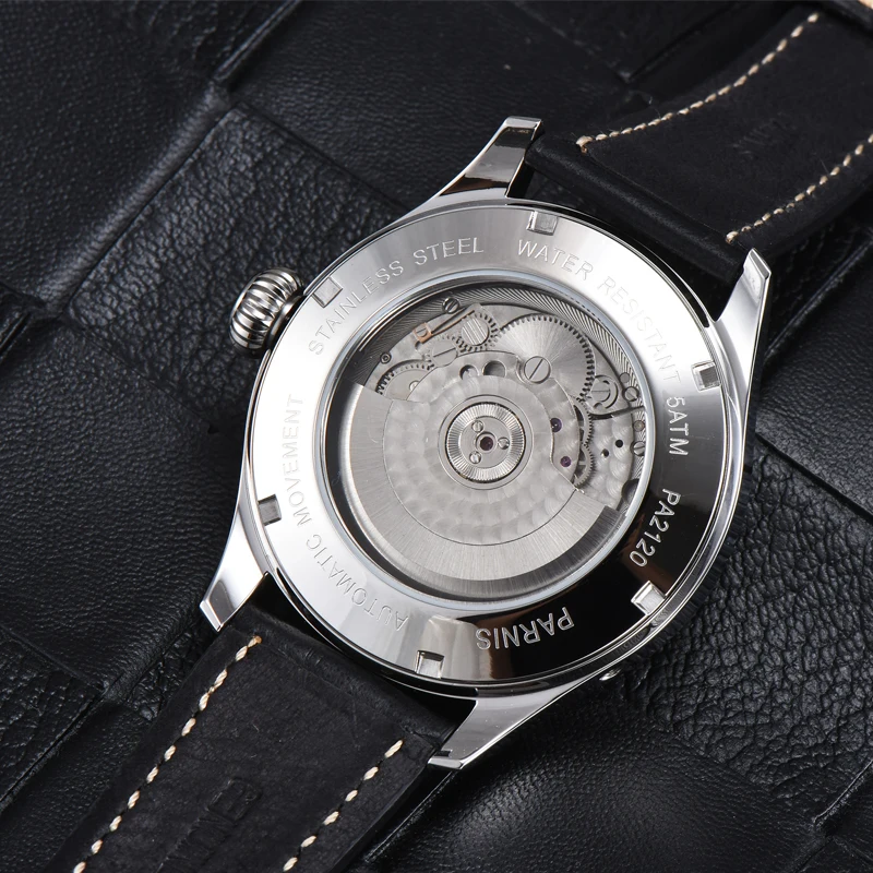 Parnis 45 мм циферблат автоматические механические мужские часы кожаный ремешок