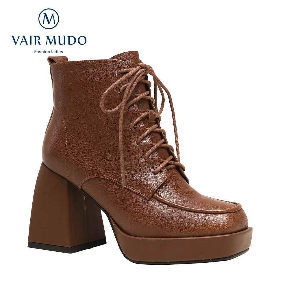 

VAIR MUDO Women Ankle Boots Shoes Elegant Thick Bottom Black White Brown Shoes Female Lace Up Autumn Winter Boots ShoesWM-X129-C