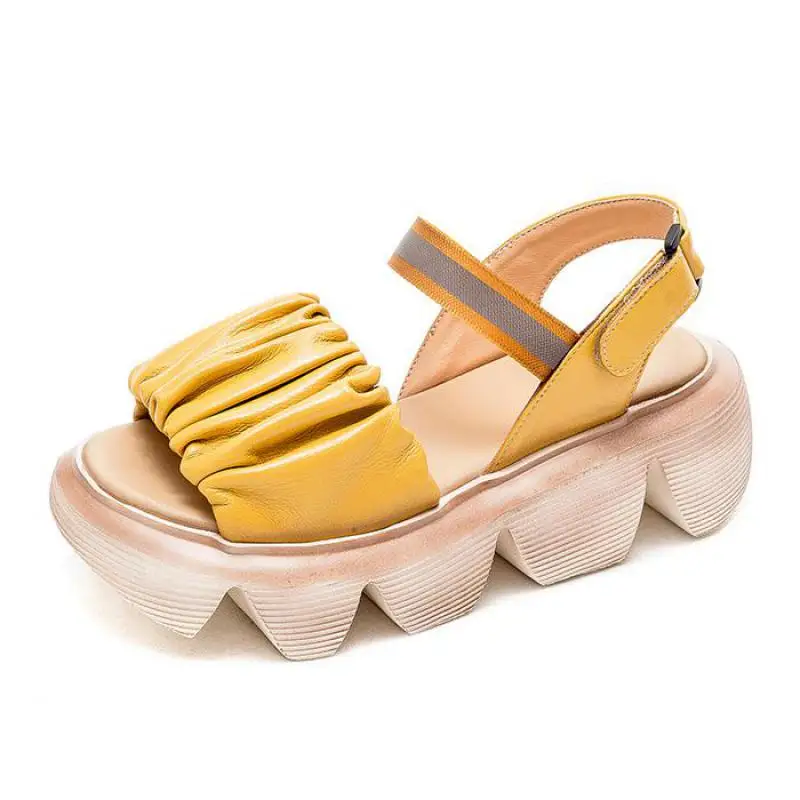 

Johnature Summer Shoes Women Sandals Genuine Leather Hook & Loop 2021 New Wedges Handmade Concise Comfortable Platform Sandals
