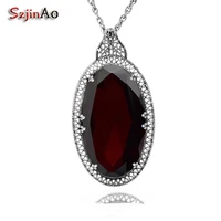 szjinao vintage real 925 sterling silver 14ct oval created garnet pendant for women gemstone wedding gifts handmade fine jewelry
