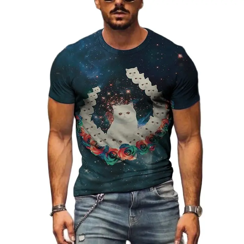 Футболка мужская оверсайз с круглым вырезом модная тенниска 3D рисунком кота