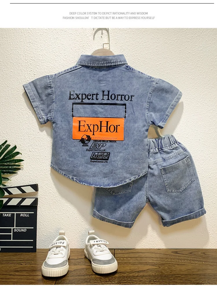 

Children's Casual Wear Sportswear Boy Kids Clothes Cotton Print Clothing Set Summer Short-sleeved Hole Denim Shirt + Shorts Sets