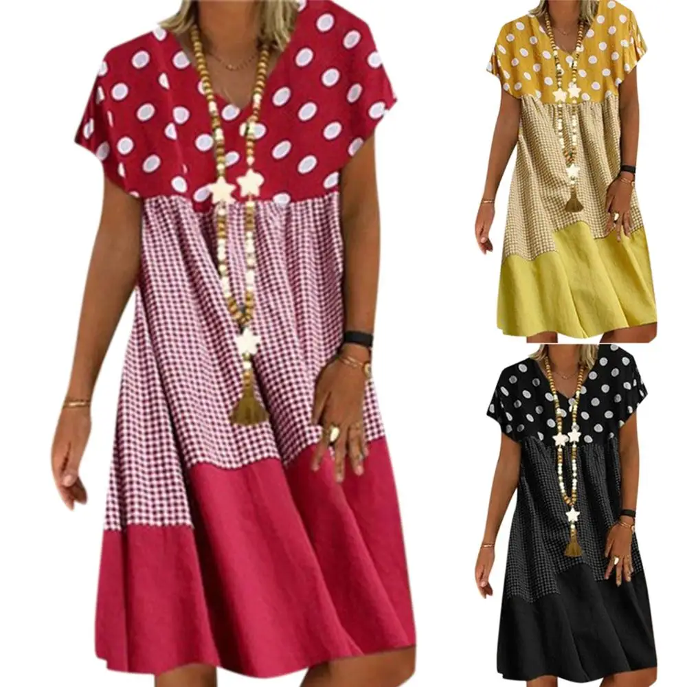 

Vicabo Dot Plaid Patchwork Printed Dress Summer Womens Clothing Casual Loose V Neck Dresses Female Vestidos Ladies Robe