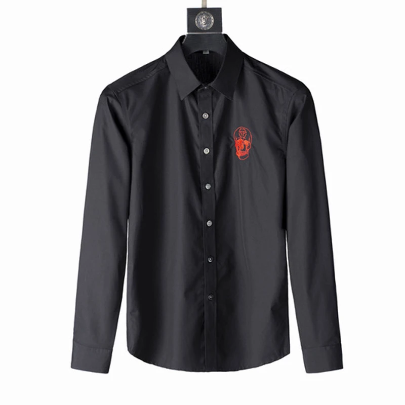 Европейская модная мужская рубашка бренд череп вышивка Chemise homme повседневные мужские рубашки однотонные тонкие рубашки мужские S-3XL