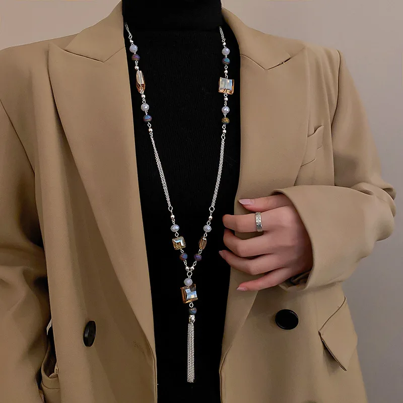 

U-волшебное текстурированное ожерелье с квадратным кристаллом и блестящими бусинами для женщин Роскошная Длинная цепочка ожерелье с кисто...