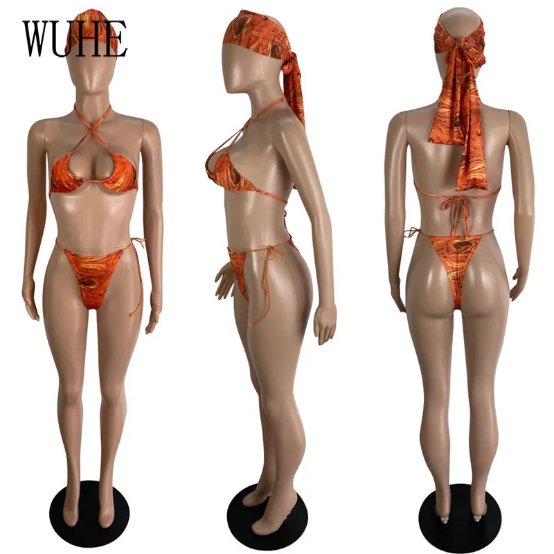 

WUHE Bikini 4 Piece Sets Print Halter Bra+Panties+drawstring Lace Up Mini Skirts+scarf Summer Beach Holiday Casual Party Outfits