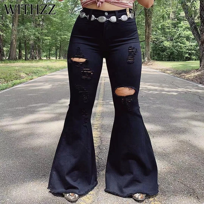 

WITHZZ Autumn Sexy Woman's Flared Pants Wide-leg Pants High Waist Black Hole Jeans