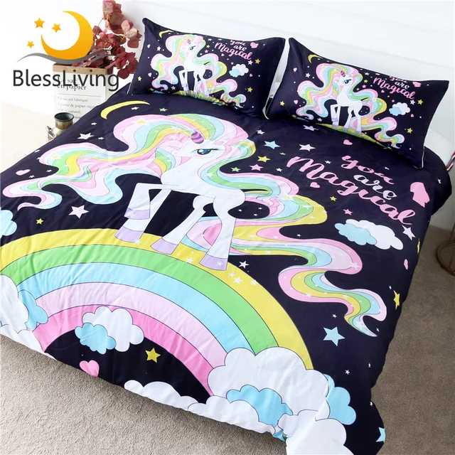 BlessLiving Magical Unicorn Bedding Set Rainbow Hair Duvet Cover Colorful Bedspread Cartoon for Kids Moon Star 3pcs Bedclothes 1