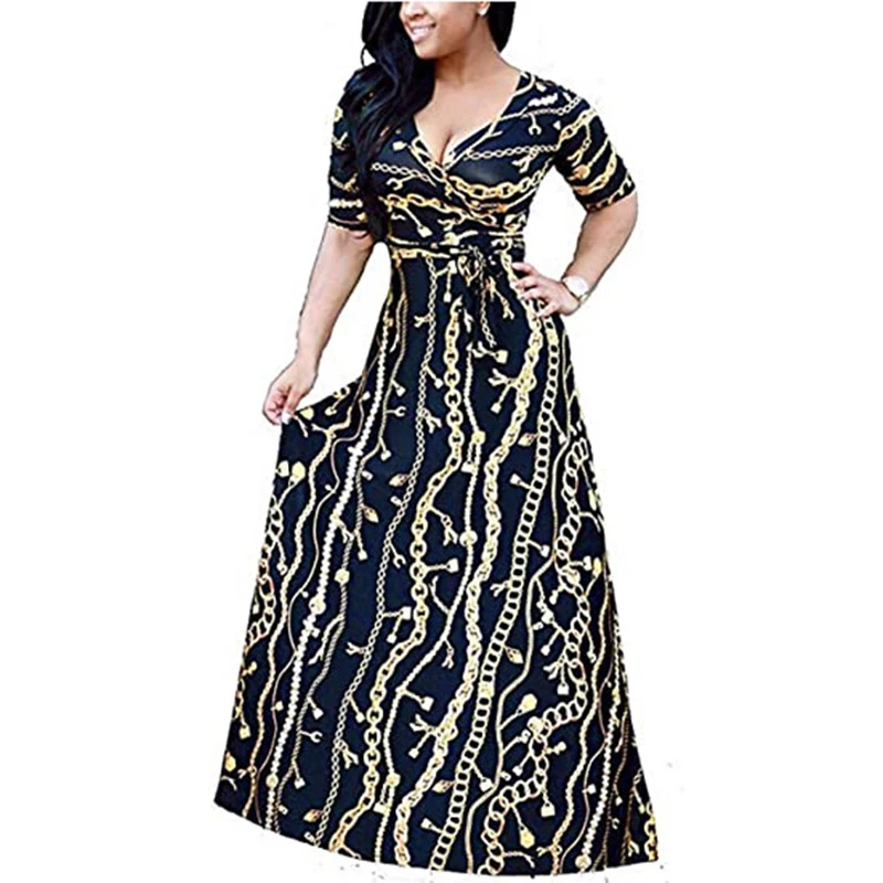 

2020 Hipster Women Summer Long Printed V-neck Dress Casual plus size Sexy dress