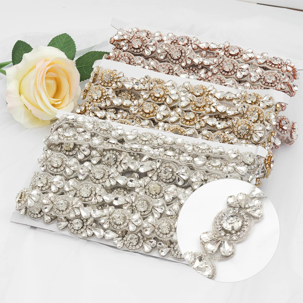 YANSTAR 1Yard Rhinestone Appliques For Wedding Dress Belts Clear Rose Gold Crystal Appliques For Bridal Gown YS926