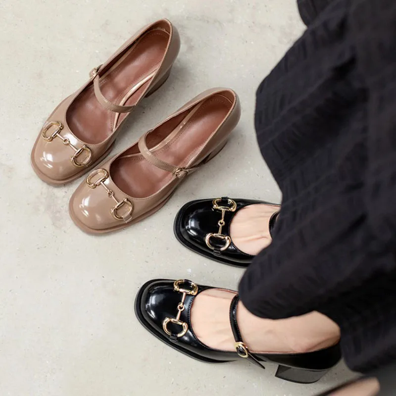 2021 Summer New Thick-heeled Mary Jane Women's shoes With Metal Decorative Round-toe High-heeled Shoes With a Word Buckle