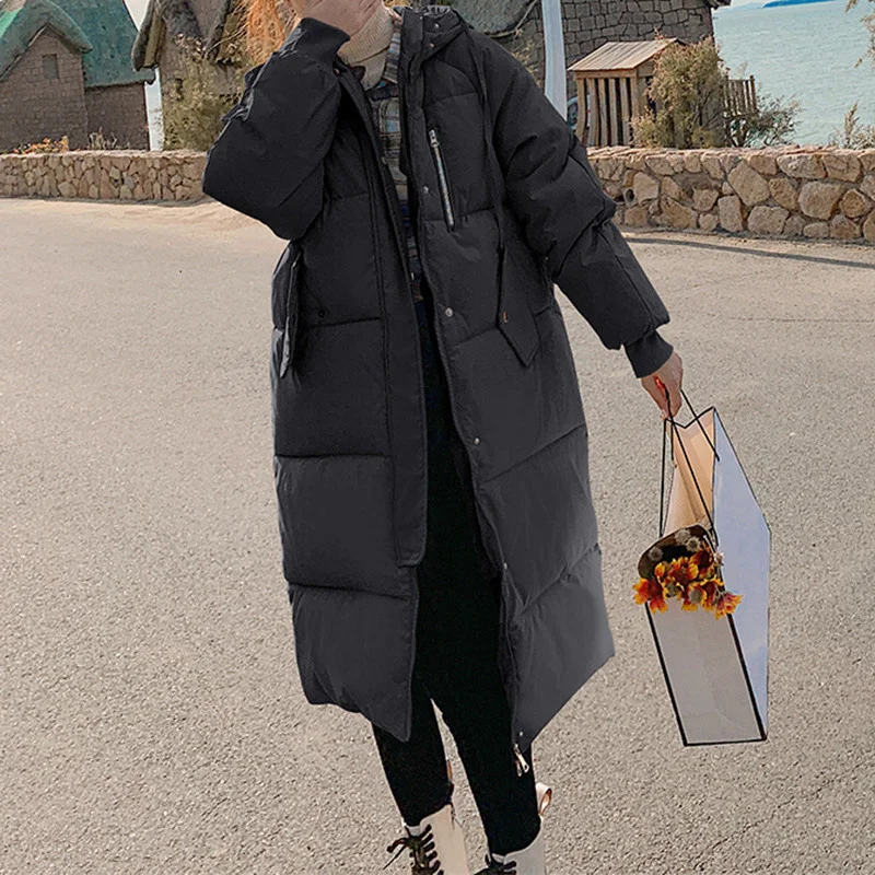 

2021 зимние женские теплые парки с капюшоном, пальто, женские длинные однотонные куртки большого размера, женская модная Корейская Повседнев...