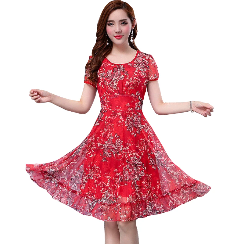 

New Women's Summer Slim Hidden Meat Covered Chiffon Slim O-neck Skirt Elegant Printed Korean Dresses SS701