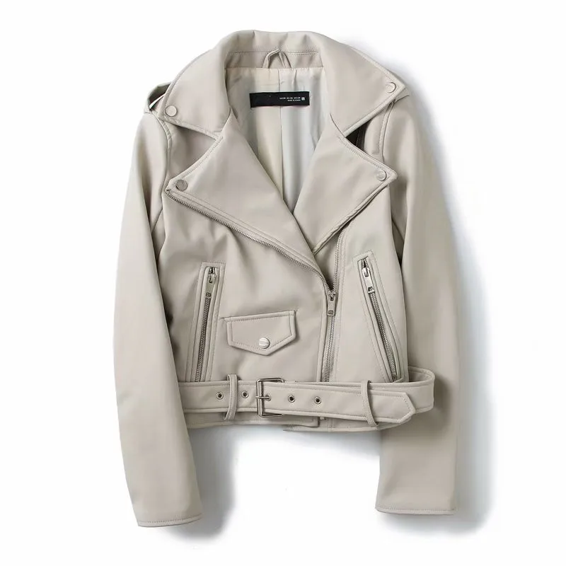 

2021 Fashion Lady Leather Jacket Women Turn-down Collar Rivet Zipper Black Biker Coats Tops Clothes
