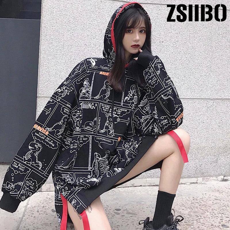 Готические толстовки с капюшоном мультяшным принтом динозавра Harajuku осенние