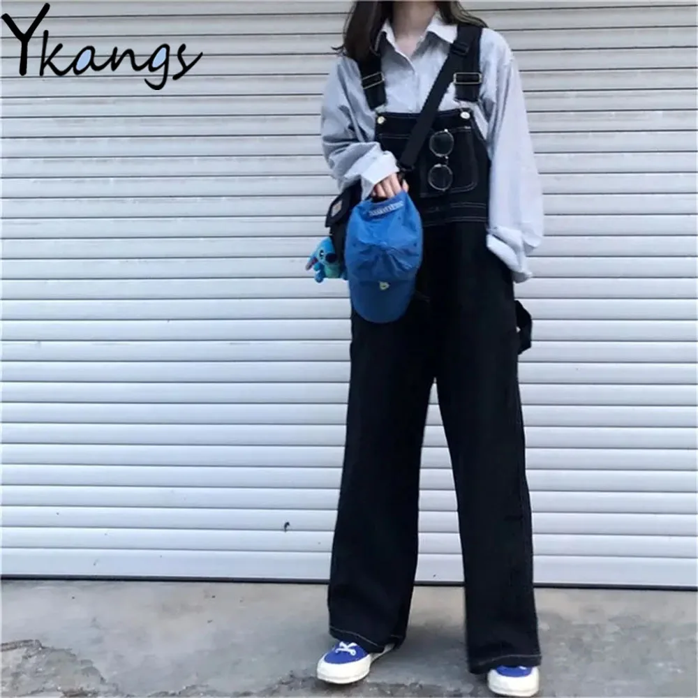 

Pockets Belt Stitching Black White Denim Overalls Baggy Button Harajuku Strap Jeans Cargo Streetwear Womens Wild Vintage Trouser