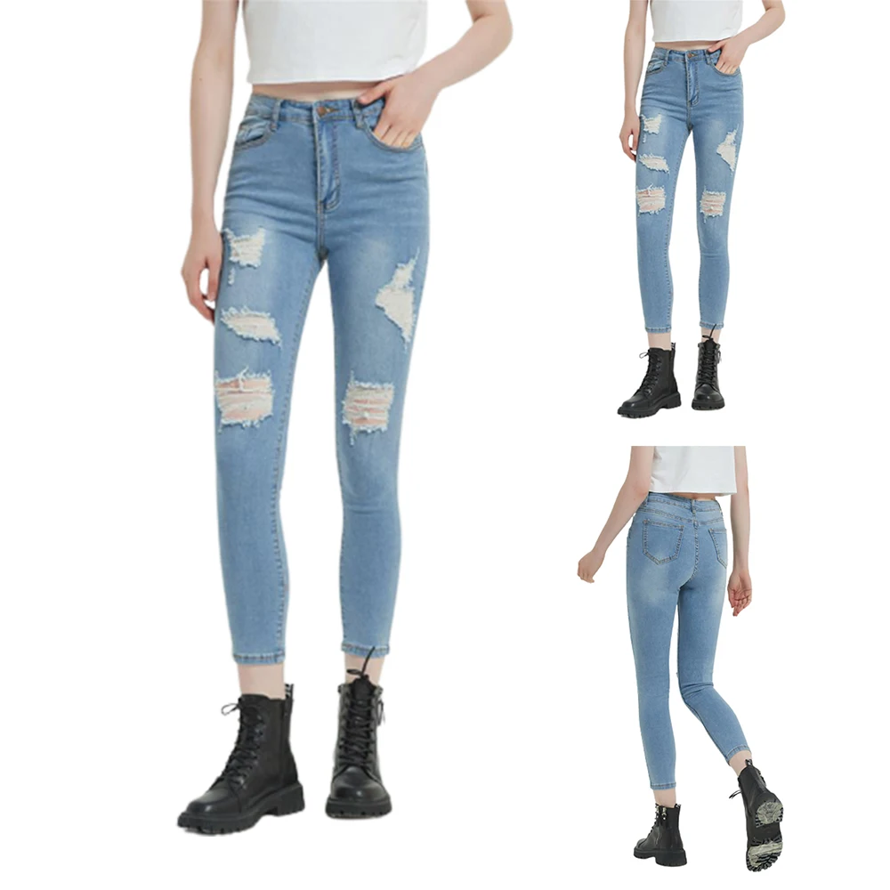 

Женские повседневные обтягивающие джинсы с высокой талией, женские модные рваные джинсы с карманами, женские узкие длинные брюки, верхняя о...