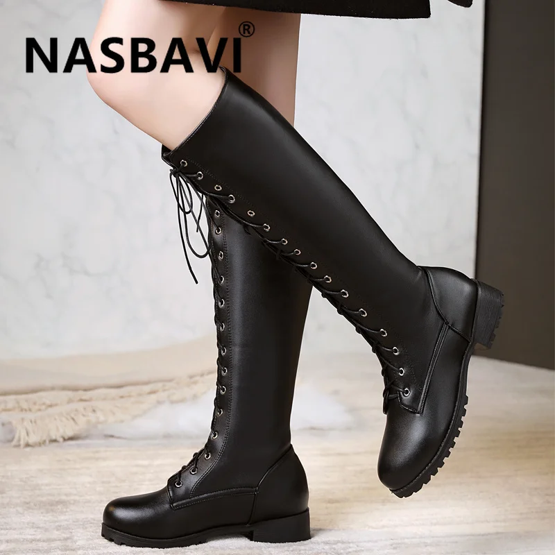 

2019 New Fashion hot Europe and America PU Women's Shoes Lacing-Up Martin Boots round head Flat low heel long boot
