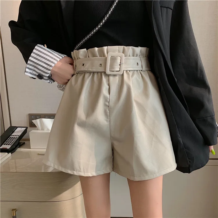 Boyfriend Womens High Waist Faux Leather Shorts Women Black White Green Short Hot Pants Mujer Femme Pu Straight Loose Bermuda