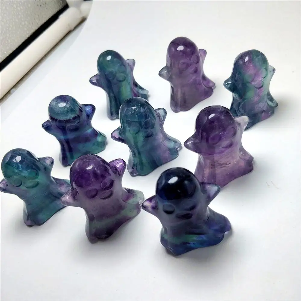 

Customized Natural Rainbow Fluorite Crystal Ghost Hand Carved Handcraft Decorations For Christmas Gifts Feng Shui